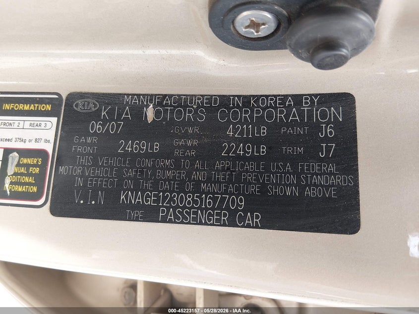 2008 Kia Optima Lx VIN: KNAGE123085167709 Lot: 45223157