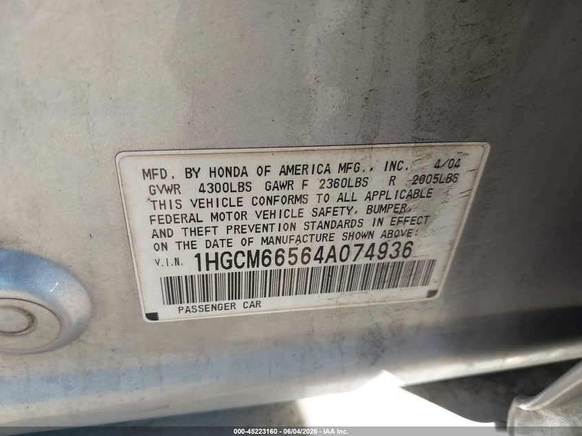 2004 Honda Accord 3.0 Ex VIN: 1HGCM66564A074936 Lot: 45223160