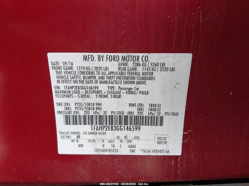 2016 Ford Taurus Sel VIN: 1FAHP2E83GG146599 Lot: 45223162