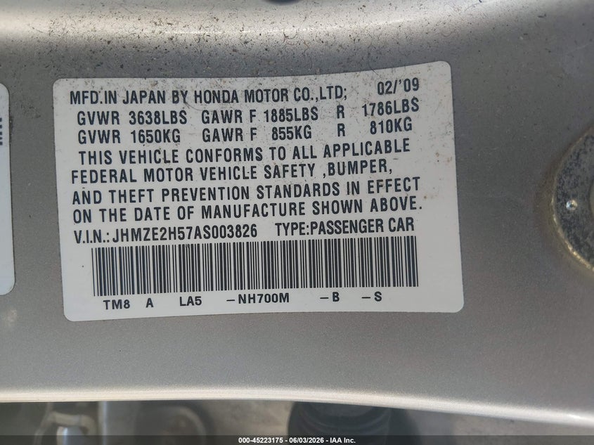 2010 Honda Insight Lx VIN: JHMZE2H57AS003826 Lot: 45223175
