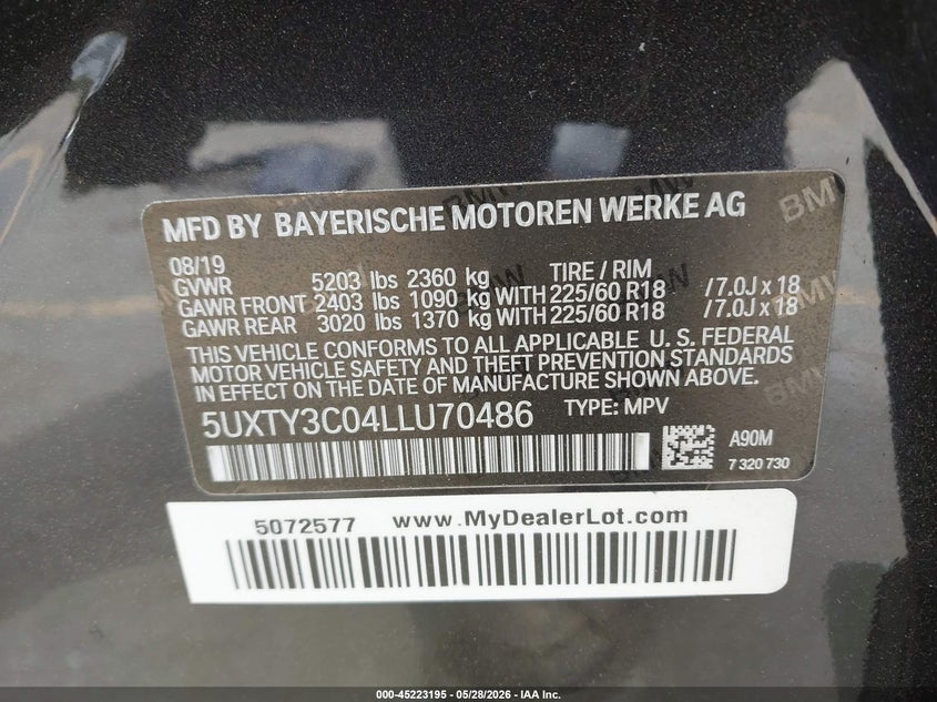 2020 BMW X3 Sdrive30I VIN: 5UXTY3C04LLU70486 Lot: 45223195