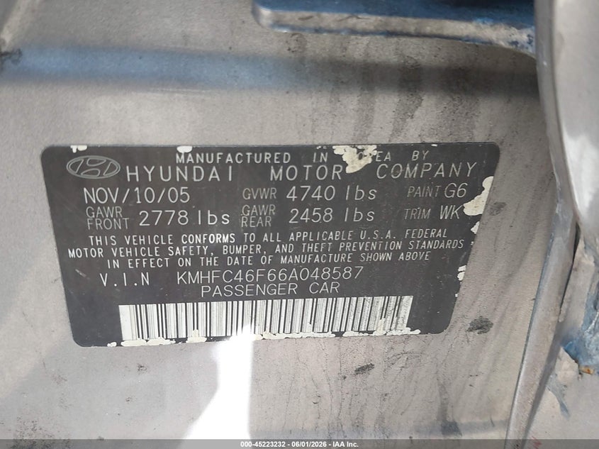 2006 Hyundai Azera Limited/Se VIN: KMHFC46F66A048587 Lot: 45223232