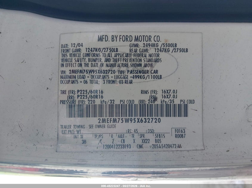 2005 Mercury Grand Marquis Ls/Lse VIN: 2MEFM75W95X632720 Lot: 45223247