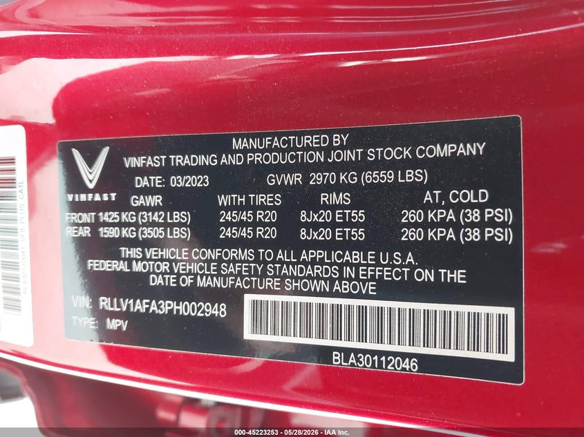 VIN RLLV1AFA3PH002948 2023 VINFAST VF 8 PLUS