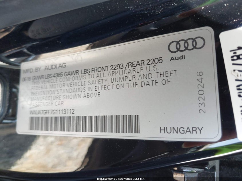2016 Audi A3 1.8T Premium VIN: WAUA7GFF7G1113112 Lot: 45223312