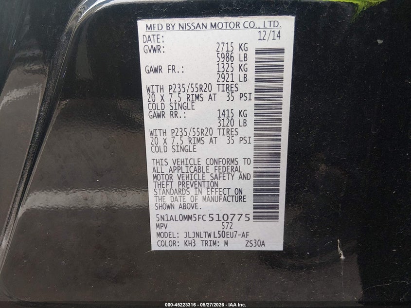 2015 Infiniti Qx60 VIN: 5N1AL0MM5FC510775 Lot: 45223316