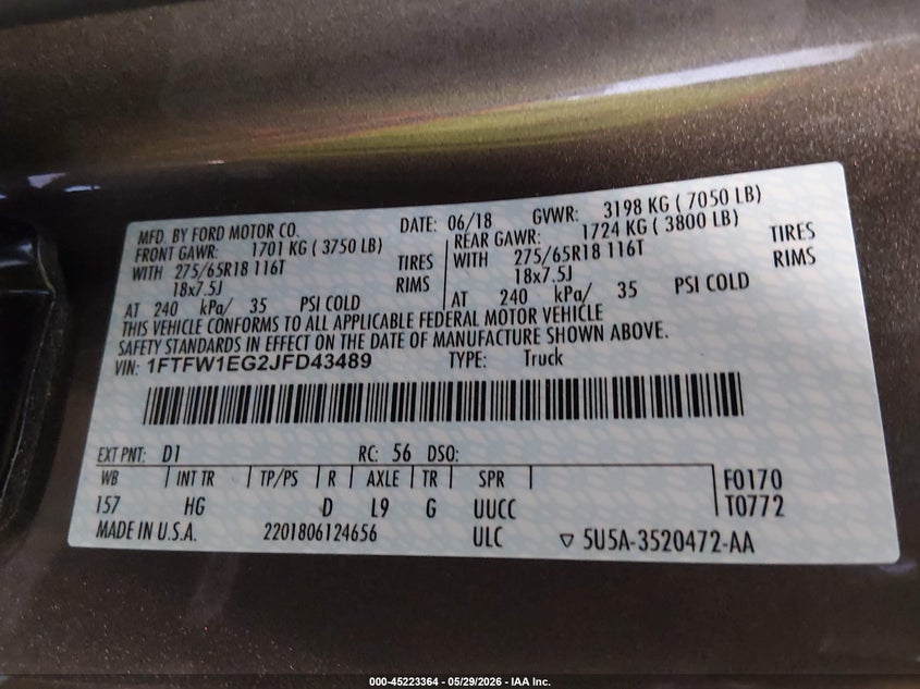 2018 FORD F-150 PICKUP 3.5L V-6 DI, DOHC, VVT, TURBO, 375HP