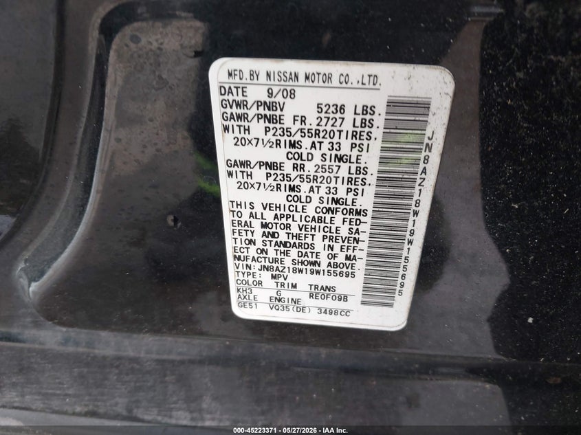 2009 Nissan Murano Le VIN: JN8AZ18W19W155695 Lot: 45223371