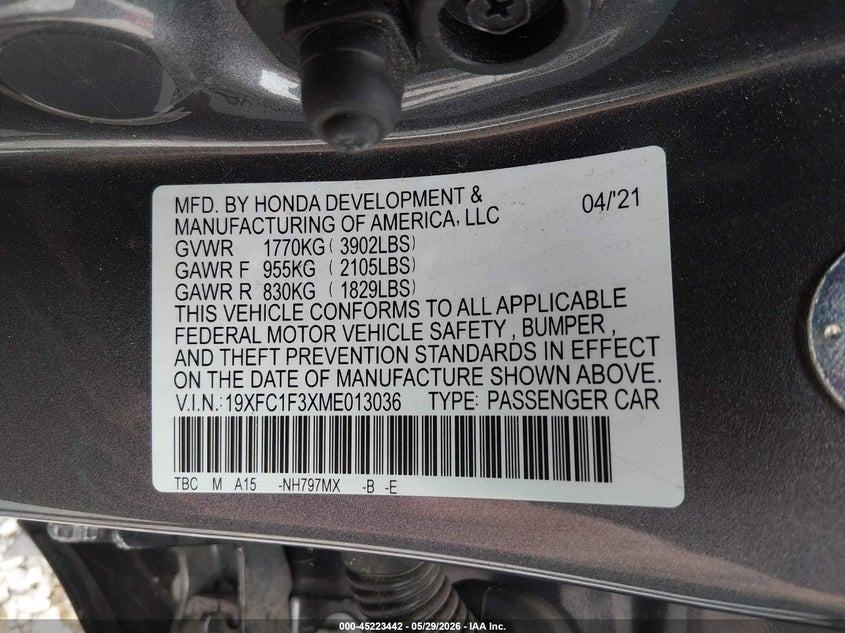 VIN 19XFC1F3XME013036 2021 HONDA CIVIC EX