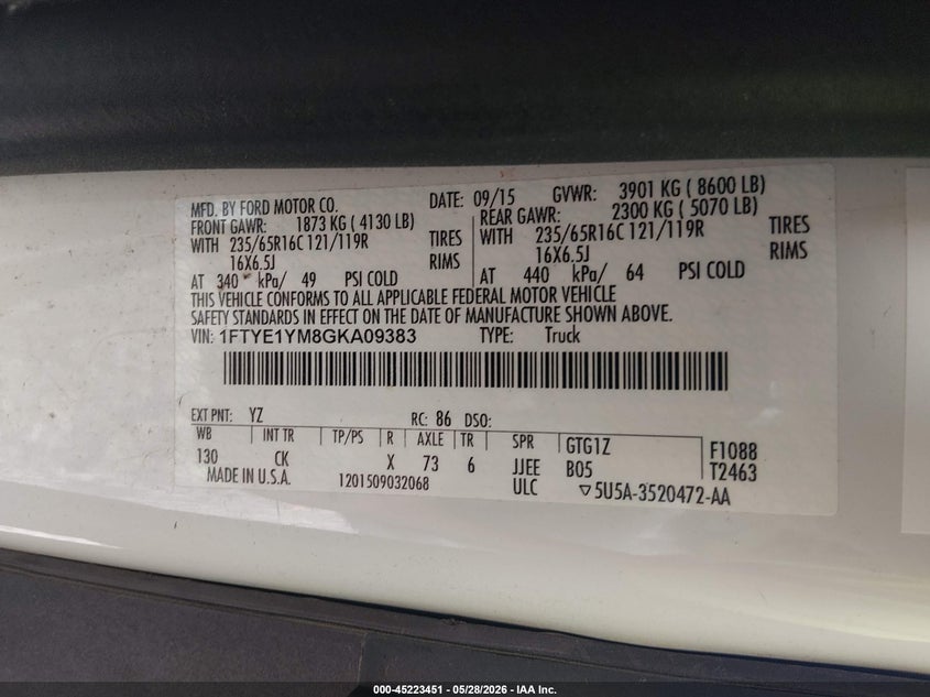 Vin: 1ftye1ym8gka09383, lot: 45721212, ford transit-150 20164