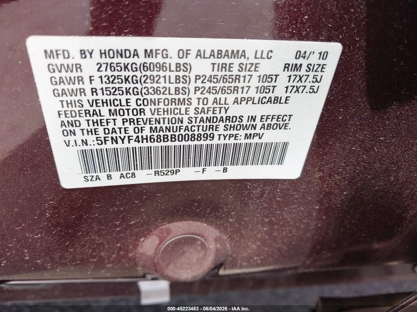 2011 Honda Pilot Ex-L VIN: 5FNYF4H68BB008899 Lot: 45223483