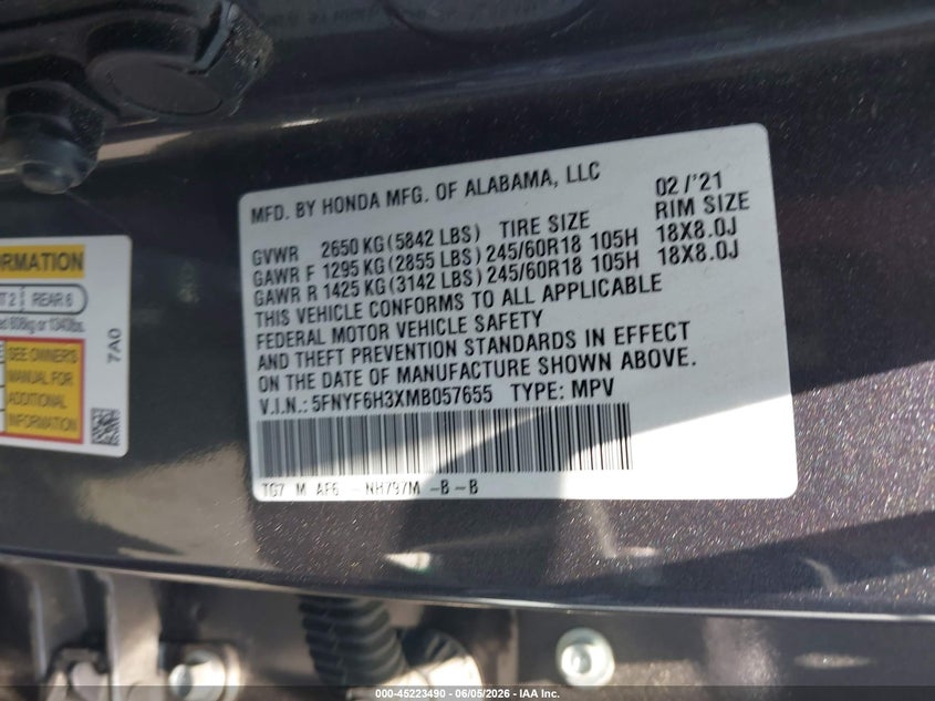 2021 HONDA PILOT 3.5L V-6 DI, VVT, 28(VIN: 5FNYF6H3XMB057655