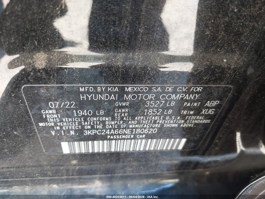 2022 Hyundai Accent Se VIN: 3KPC24A66NE18620 Lot: 45223511