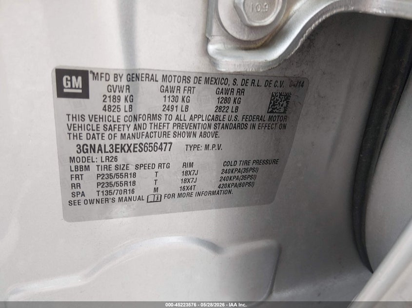2014 Chevrolet Captiva Sport Lt VIN: 3GNAL3EKXES656477 Lot: 45223576