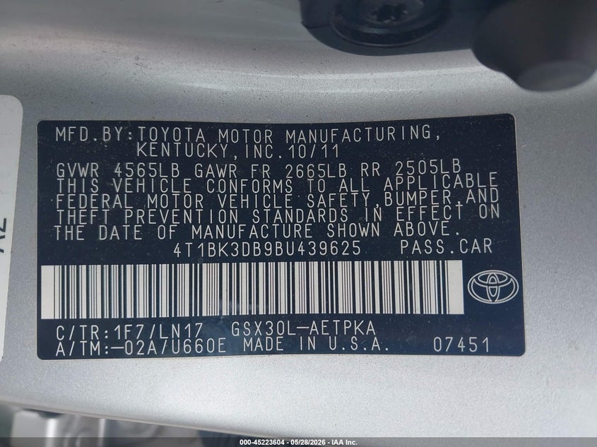 2011 Toyota Avalon Limited VIN: 4T1BK3DB9BU439625 Lot: 45223604
