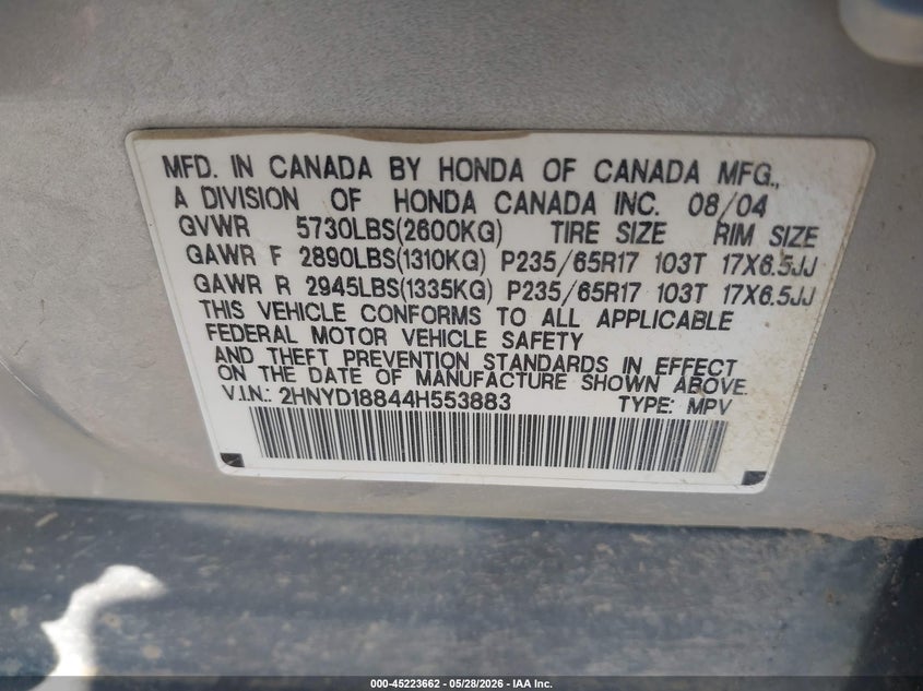 2004 Acura Mdx VIN: 2HNYD18844H553883 Lot: 45223662
