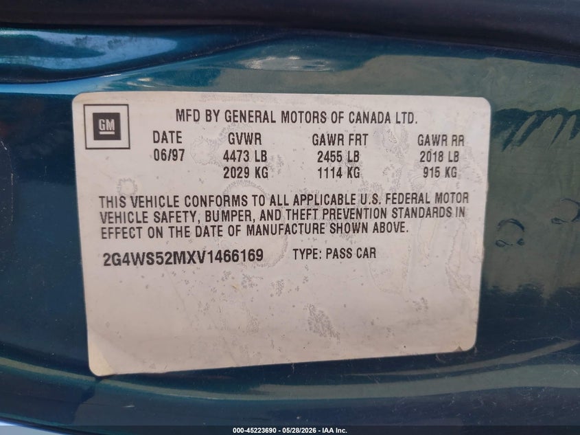 1997 Buick Century Custom VIN: 2G4WS52MXV1466169 Lot: 45223690