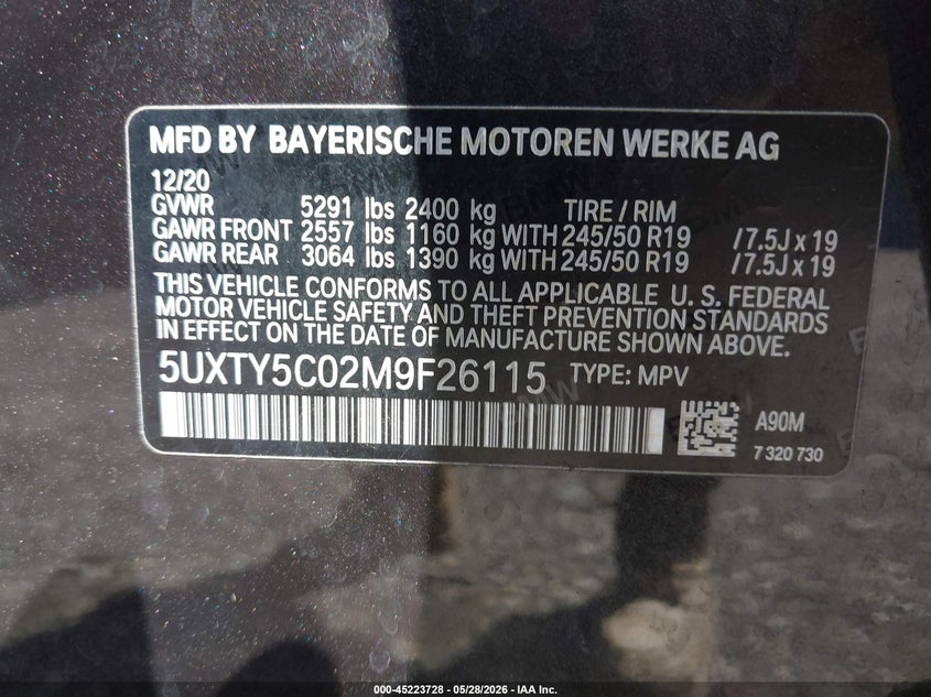 VIN: 5UXTY5C02M9F26115 2021 BMW X3 XDRIVE30I