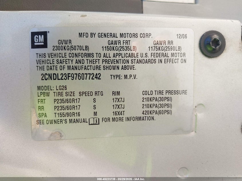 2007 Chevrolet Equinox Ls VIN: 2CNDL23F976077242 Lot: 45223739