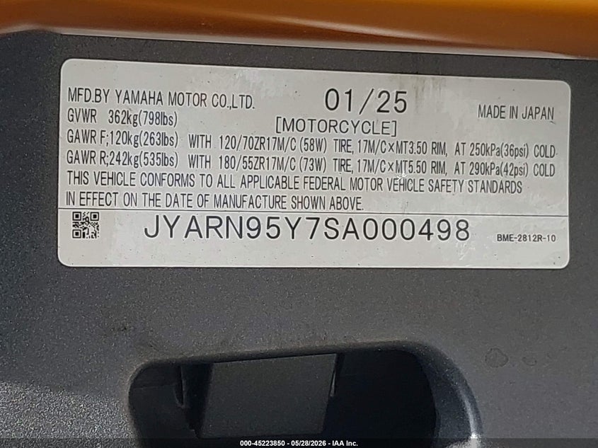2025 Yamaha Mt09 Sp VIN: JYARN95Y7SA000498 Lot: 45223850