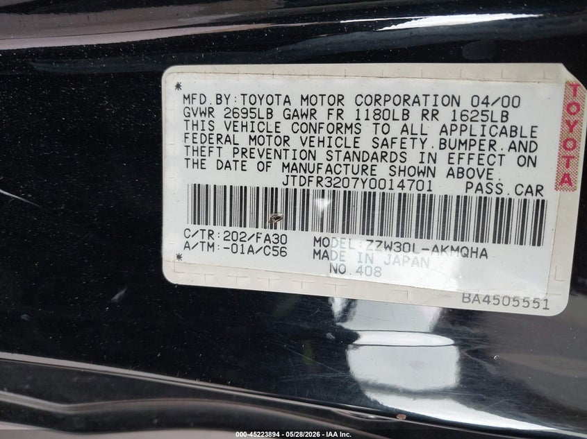 2000 Toyota Mr2 Spyder VIN: JTDFR3207Y0014701 Lot: 45223894