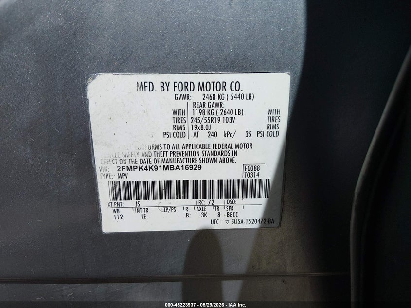VIN 2FMPK4K91MBA16929 2021 FORD EDGE TITANIUM