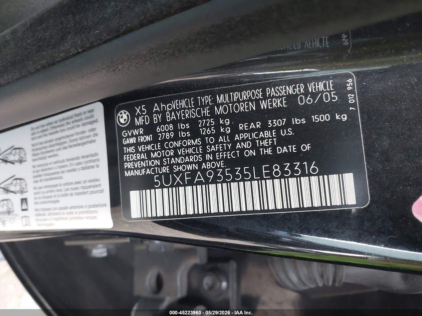 2005 BMW X5 4.8Is VIN: 5UXFA93535LE83316 Lot: 45223960