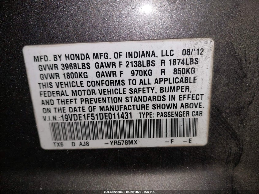2013 Acura Ilx 2.0L VIN: 19VDE1F51DE011431 Lot: 45223983