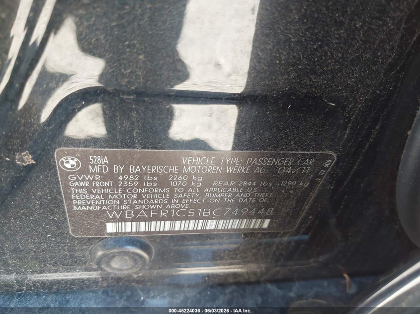 2011 BMW 528I VIN: WBAFR1C51BC749448 Lot: 45224036