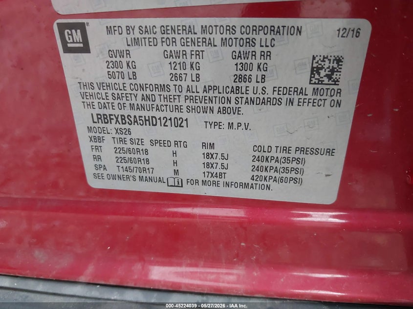 2017 Buick Envision Essence VIN: LRBFXBSA5HD121021 Lot: 45224039