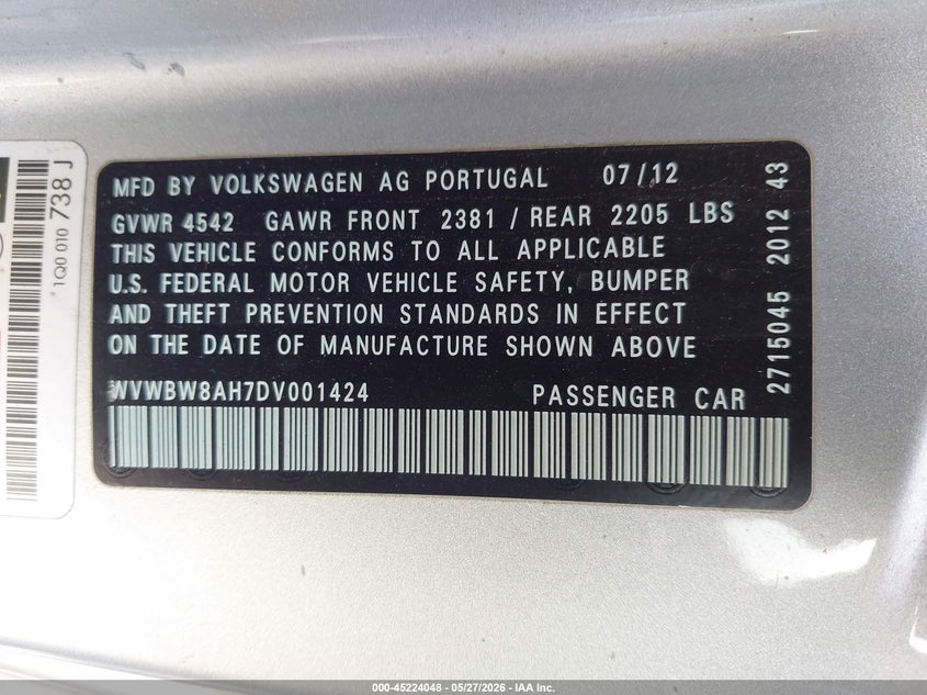 2013 Volkswagen Eos Sport VIN: WVWBW8AH7DV001424 Lot: 45224048