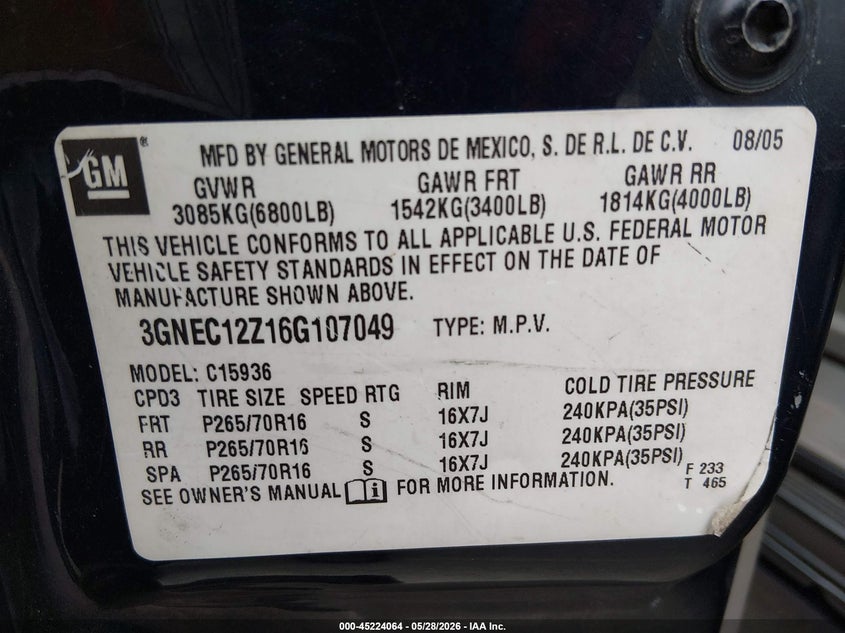 2006 Chevrolet Avalanche 1500 Ls VIN: 3GNEC12Z16G107049 Lot: 45224064