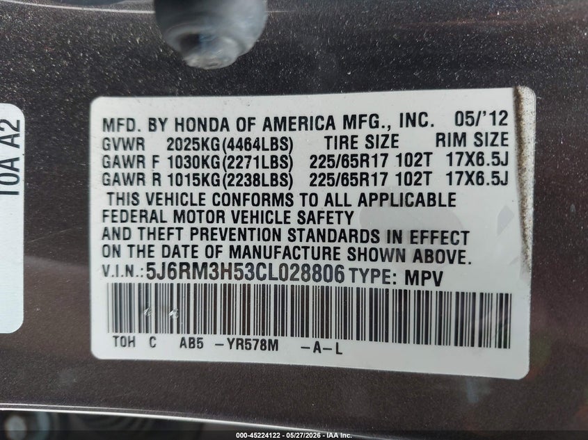 2012 Honda Cr-v 2.4 Cr-V Ex brown Lot 111045224122 Vin 5J6RM3H53CL028806
