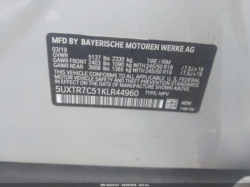 BMW X3 2019 VIN 5UXTR7C51KLR44960