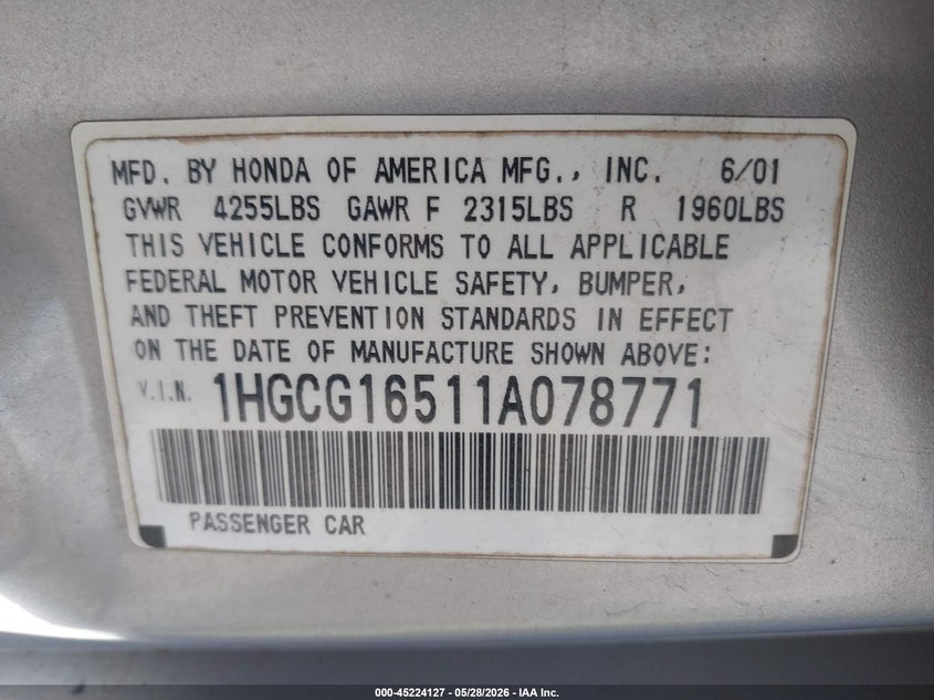 2001 Honda Accord 3.0 Ex VIN: 1HGCG16511A078771 Lot: 45224127