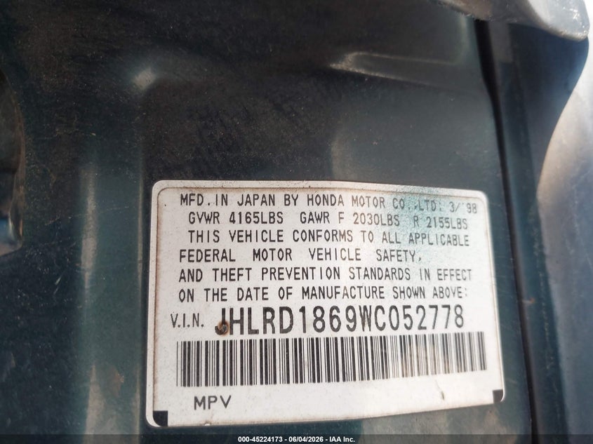 1998 Honda Cr-V Ex VIN: JHLRD1869WC052778 Lot: 45224173