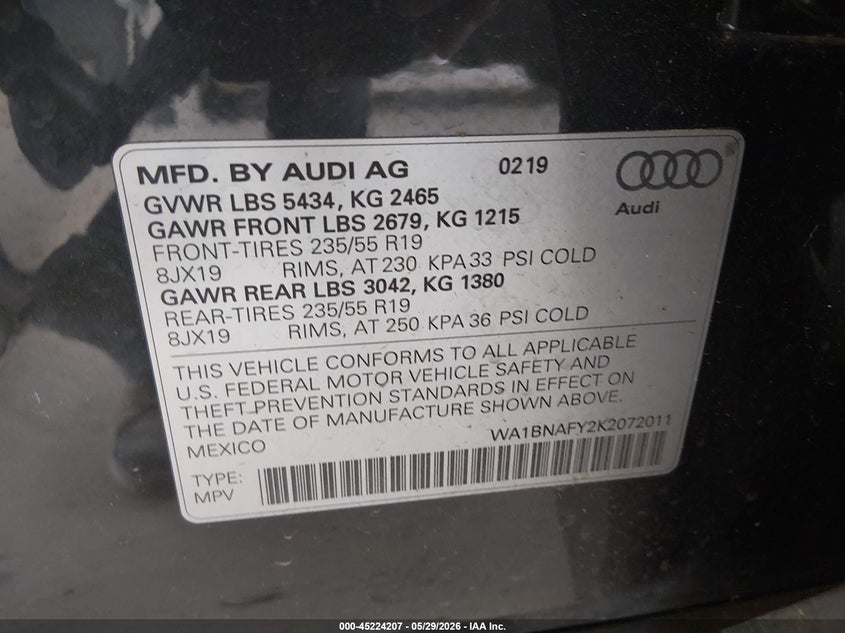 2019 Audi Q5 45 Premium VIN: WA1BNAFY2K2072011 Lot: 45224207