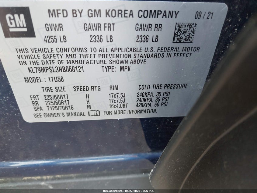 VIN KL79MPSL3NB068121 2022 CHEVROLET TRAILBLAZER FWD LT