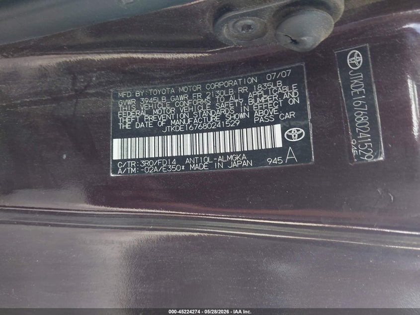2008 Scion Tc VIN: JTKDE167680241529 Lot: 45224274