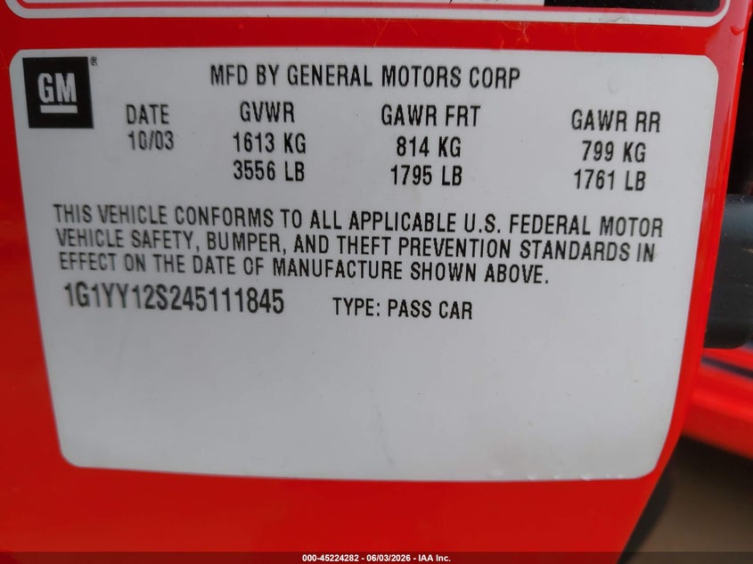 2004 Chevrolet Corvette Z06 Hardtop VIN: 1G1YY12S245111845 Lot: 45224282