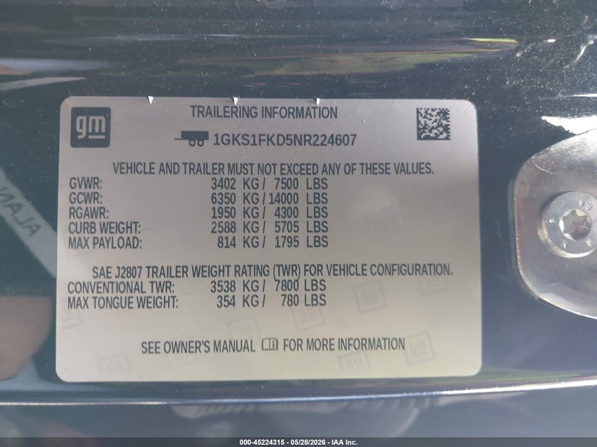 2022 GMC Yukon Xl 2Wd Sle VIN: 1GKS1FKD5NR224607 Lot: 45224315