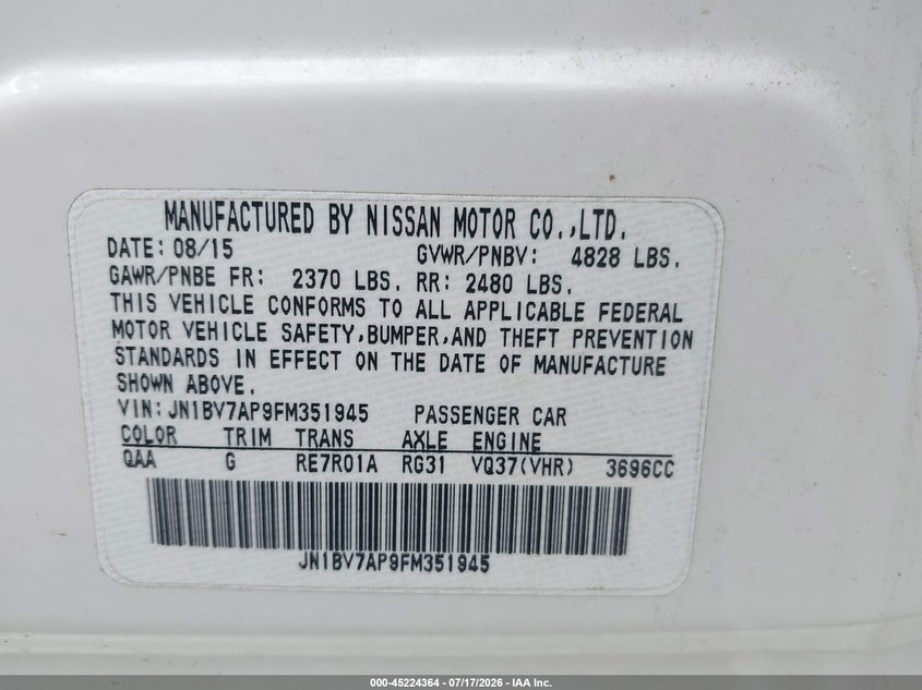 2015 Infiniti Q50 Premium VIN: JN1BV7AP9FM351945 Lot: 45224364
