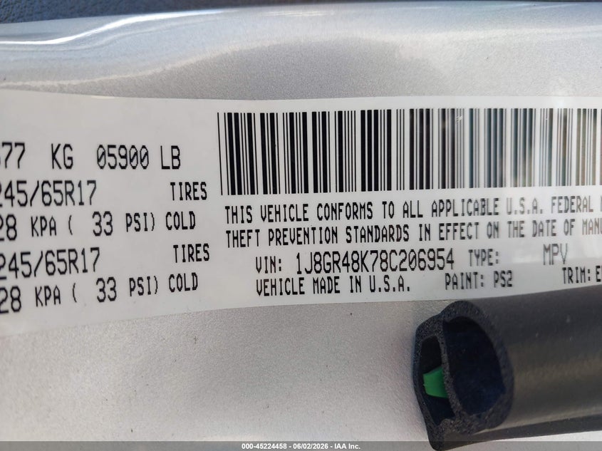 2008 Jeep Grand Cherokee Laredo VIN: 1J8GR48K78C206954 Lot: 45224458