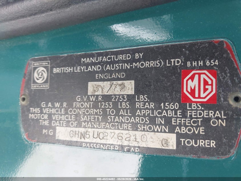 1972 Mg Mgb VIN: GHN5UC27610G Lot: 45224492
