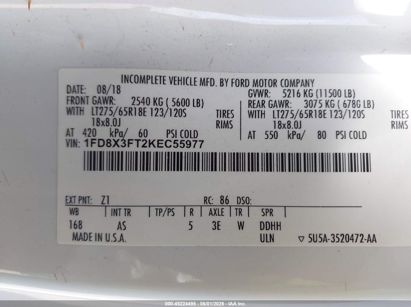 2019 Ford F-350 Chassis Xl VIN: 1FD8X3FT2KEC55977 Lot: 45224495