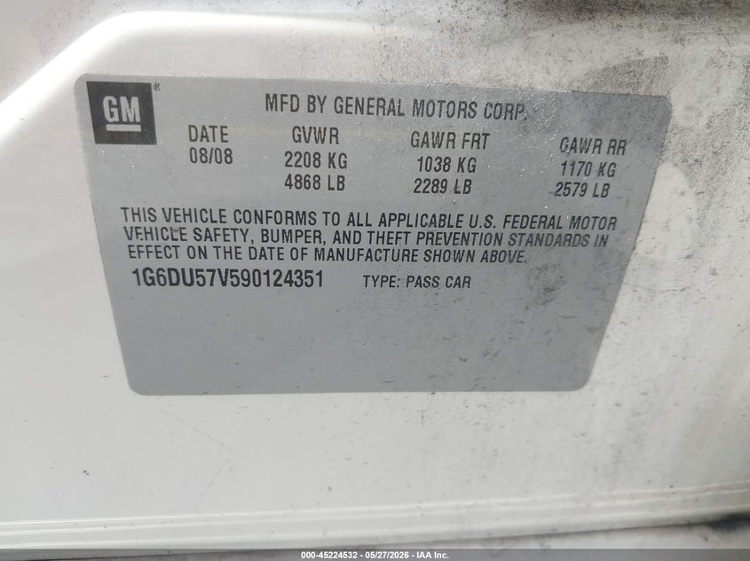 2009 Cadillac Cts Standard VIN: 1G6DU57V590124351 Lot: 45224532