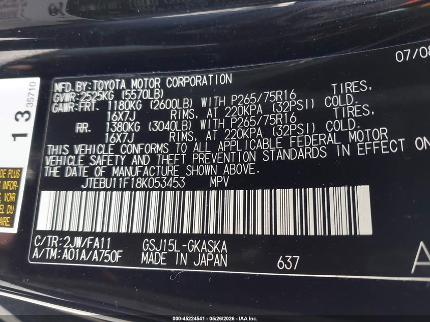 2008 Toyota Fj Cruiser VIN: JTEBU11F18K053453 Lot: 45224541