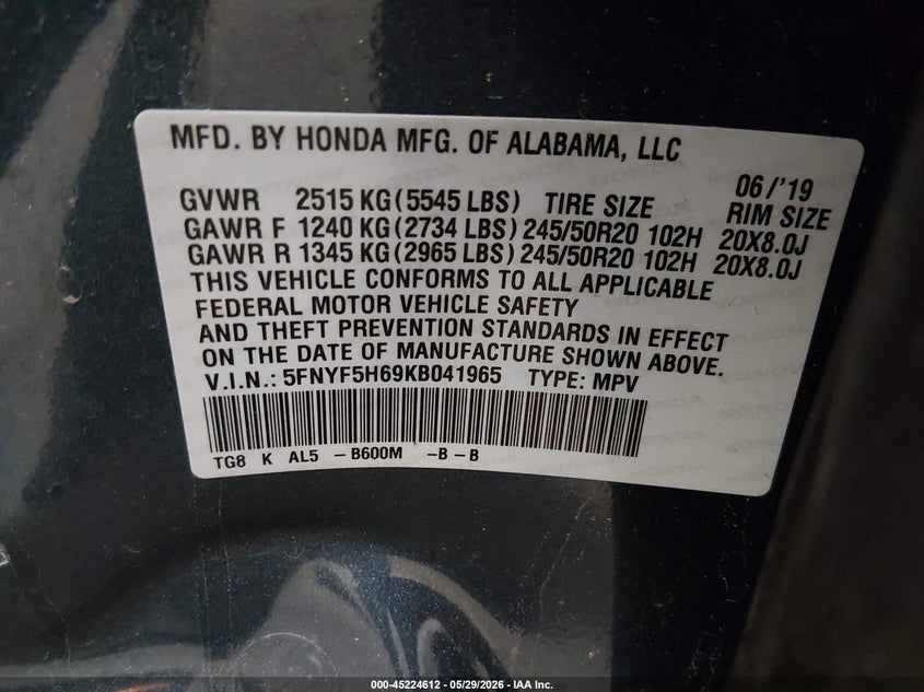 2019 HONDA PILOT SPORT UTILITY VEHICLE 3.5L V-6 DI, VVT, 280HP