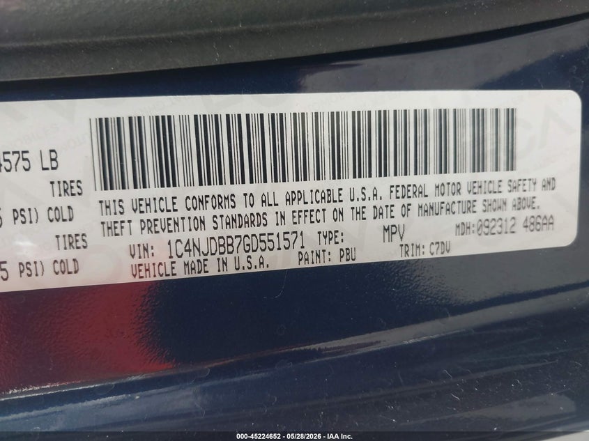 2016 Jeep Compass Sport VIN: 1C4NJDBB7GD551571 Lot: 45224652
