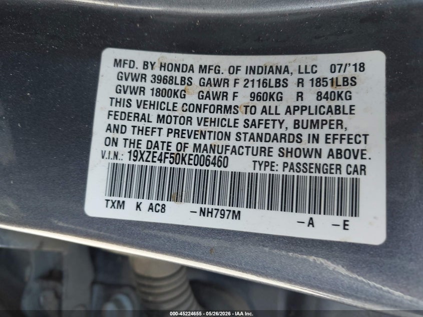 2019 Honda Insight Ex VIN: 19XZE4F50KE006460 Lot: 45224655